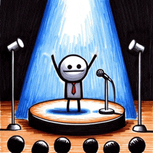 a drawing of a man on a stage with microphones