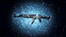 a black and white assault rifle is displayed on a blue background