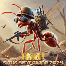 an ant is holding a gun and wearing a helmet with the words museum bula situs slot gacor 2024