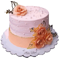 a pink cake with flowers and pearls is sitting on a white plate that says max sabor