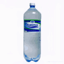 a bottle of родничок water has a blue and green label