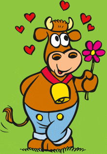 a cartoon cow is holding a flower with hearts surrounding it