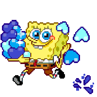 a pixel art drawing of spongebob squarepants holding a blue heart