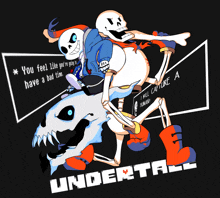 a poster for undertale shows a skeleton riding another skeleton on a skull