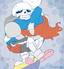 a drawing of a skeleton carrying another skeleton with the name lovelykouga on the bottom