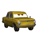 a yellow car from cars with sunglasses on the windshield is sitting on a white surface .