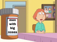 a cartoon woman sits at a table next to a bottle of men with big noses