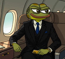 a cartoon of a frog wearing a suit and tie sitting on an airplane