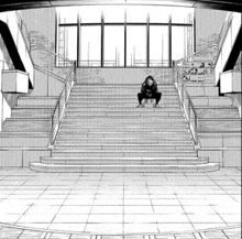 a black and white drawing of a person sitting on the stairs