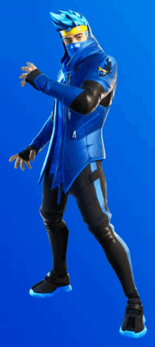 a man in a blue jacket and black pants is wearing a mask