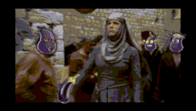 a pixelated image of a group of people with purple faces