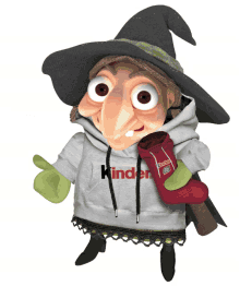 a cartoon witch wearing a hoodie that says kinder