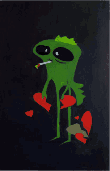 a green frog is smoking a cigarette while holding a broken heart