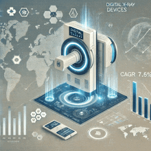 an illustration of a digital x-ray device surrounded by charts and graphs