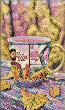 a painting of a cup with the word vasi on the front