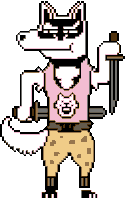 a pixel art drawing of a husky holding a sword and wearing sunglasses .