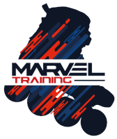 a logo for marvel training shows a person rollerblading