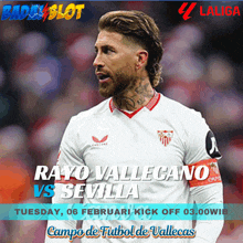 a poster for rayo vallecano vs sevilla shows a soccer player