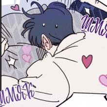 a cartoon drawing of a person laying on a bed with hearts around them and the words " mr.mr.g "