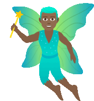 a fairy with blue hair and green wings is holding a yellow wand