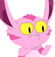 a pink cartoon character with yellow eyes and the word maybe written below it