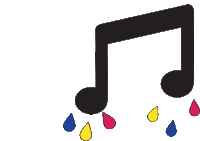 a black music note with colorful drops falling from it