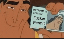 a cartoon character is holding a bottoms in general fucker permit card .