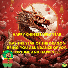 a chinese new year greeting card with a dragon and flowers