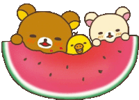 three teddy bears and a chick are laying in a slice of watermelon .