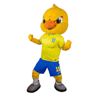 a yellow duck mascot wearing a soccer uniform with the number 10 on it