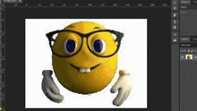 a yellow smiley face wearing glasses and gloves is being edited in photoshop .