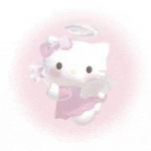 hello kitty is flying in the air with wings and a halo on her head .