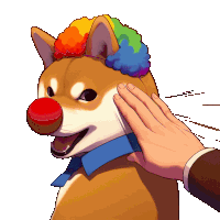 a dog wearing a clown wig is being petted by a hand