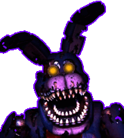 a purple and blue bunny with glowing eyes and teeth