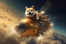 a dog is riding a rocket in the sky .