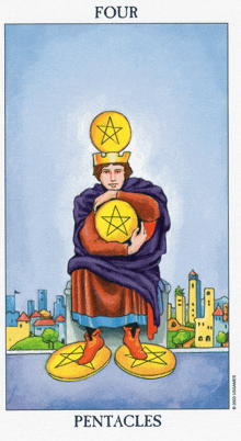 the four pentacles tarot card shows a man holding four coins