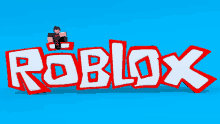 a roblox logo on a blue background with a roblox figure on top