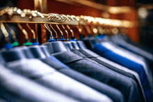 a row of shirts hanging on a rack with blue hooks