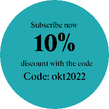 a blue circle with the words subscribe now discount with the code okt2022