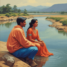 a painting of a man and woman sitting on a rock by a river