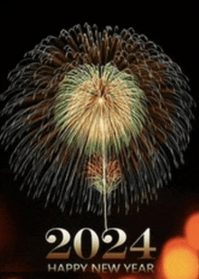 a 2024 happy new year greeting card with a fireworks display in the background