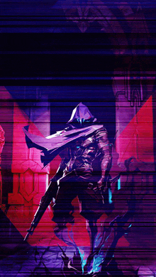 a man in a hooded cape is holding a gun in a dark room