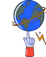 a hand is pointing at a globe with a lightning bolt in the background