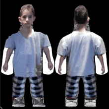 a boy in a blue shirt and plaid pants is shown from the front and back