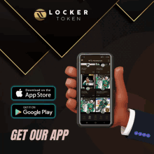 an advertisement for locker token shows a hand holding a phone