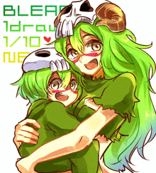 a drawing of a girl with green hair and a skull mask with the word blear on the bottom right