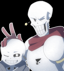 a drawing of a skeleton giving a peace sign next to another skeleton with a red scarf around his neck