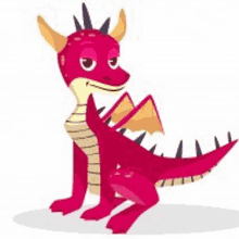 a cartoon red dragon with horns and wings is sitting on a white background .