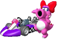 a pink cartoon character is standing next to a purple and white go kart with the number 8 on it