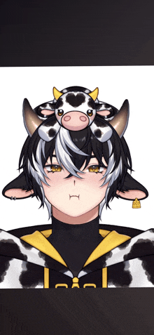 a person with a cow on their head